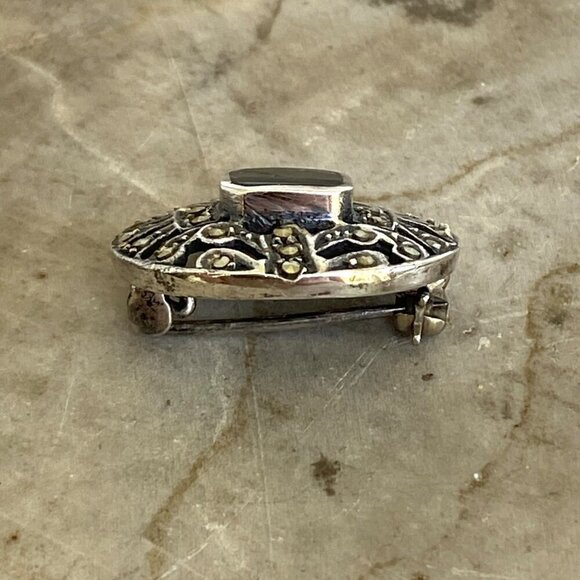 Sterling Silver 925 Dainty 0.89" Oval Black Onyx & Marcasite Brooch - Picture 3 of 16